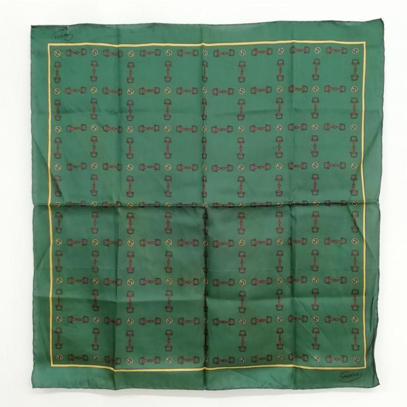 GUCCI Authentic Vintage Horsebit Pattern Silk Oval Scarf Green