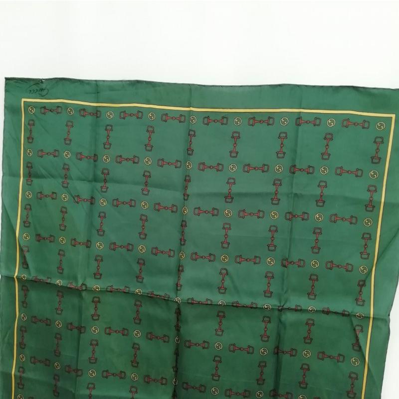 GUCCI Authentic Vintage Horsebit Pattern Silk Oval Scarf Green