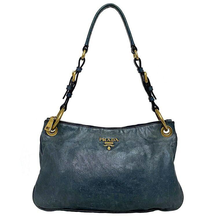 PRADA Authentic Vintage Semi Shoulder Bag Blue Gold Shoulder Leather GP Used PRADA Logo Zipper One Shoulder