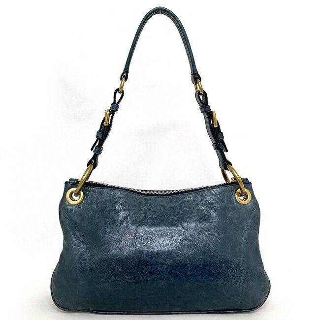 PRADA Authentic Vintage Semi Shoulder Bag Blue Gold Shoulder Leather GP Used PRADA Logo Zipper One Shoulder