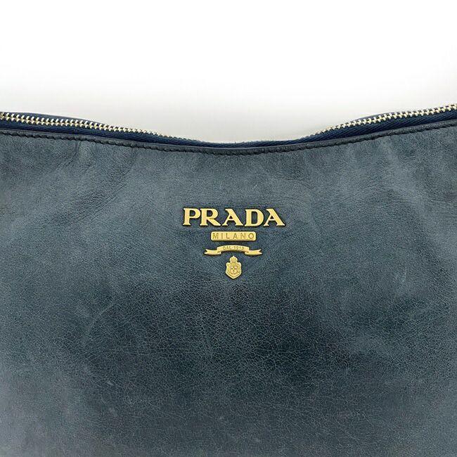 PRADA Authentic Vintage Semi Shoulder Bag Blue Gold Shoulder Leather GP Used PRADA Logo Zipper One Shoulder