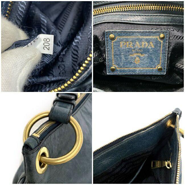 PRADA Authentic Vintage Semi Shoulder Bag Blue Gold Shoulder Leather GP Used PRADA Logo Zipper One Shoulder