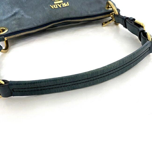 PRADA Authentic Vintage Semi Shoulder Bag Blue Gold Shoulder Leather GP Used PRADA Logo Zipper One Shoulder