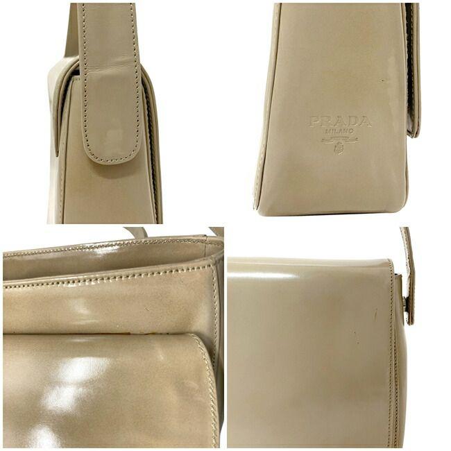 PRADA Authentic Vintage Shoulder Bag Beige Leather Used PRADA Shoulder Flap Simple Side Logo