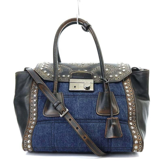 PRADA Authentische Vintage Tragetasche Schultertasche 2-Wege Crossbody Denim Bijoux Navy Dunkelbraun