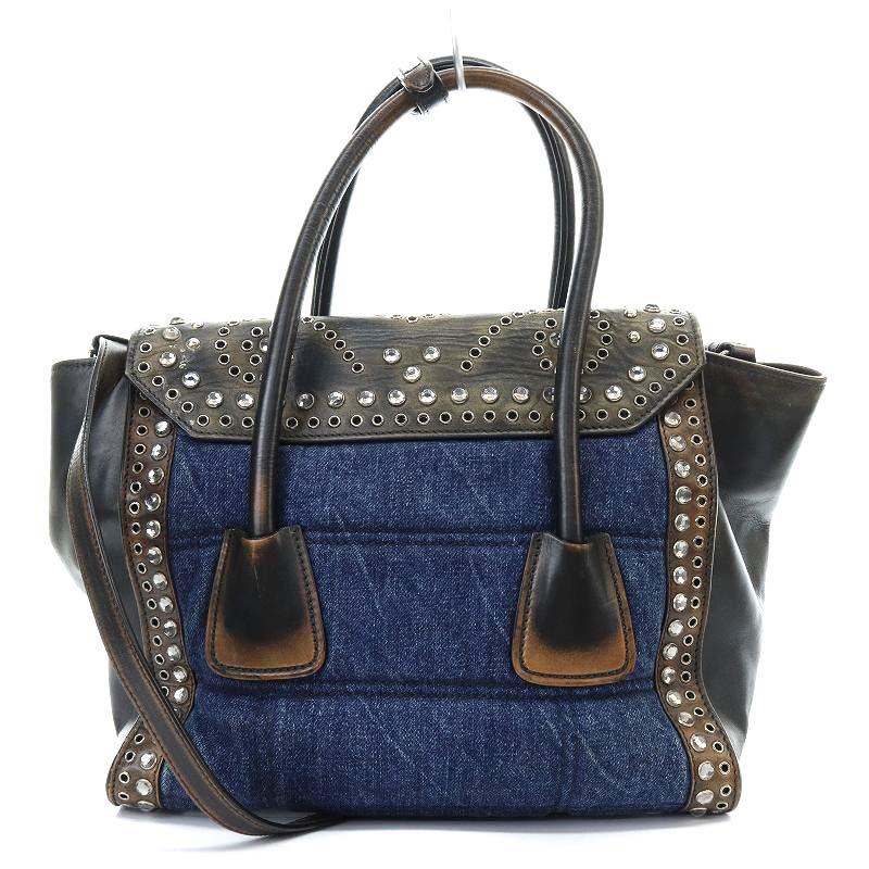 PRADA Authentic Vintage Tote Bag Shoulder Bag 2-Way Crossbody Denim Bijoux Navy Dark Brown