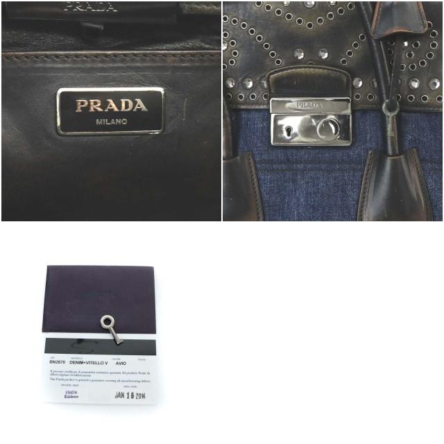 PRADA Authentic Vintage Tote Bag Shoulder Bag 2-Way Crossbody Denim Bijoux Navy Dark Brown