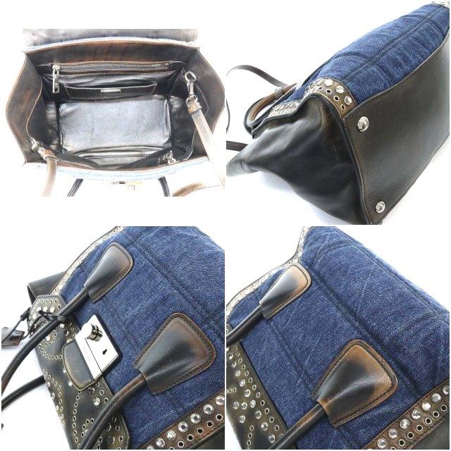 PRADA Authentic Vintage Tote Bag Shoulder Bag 2-Way Crossbody Denim Bijoux Navy Dark Brown