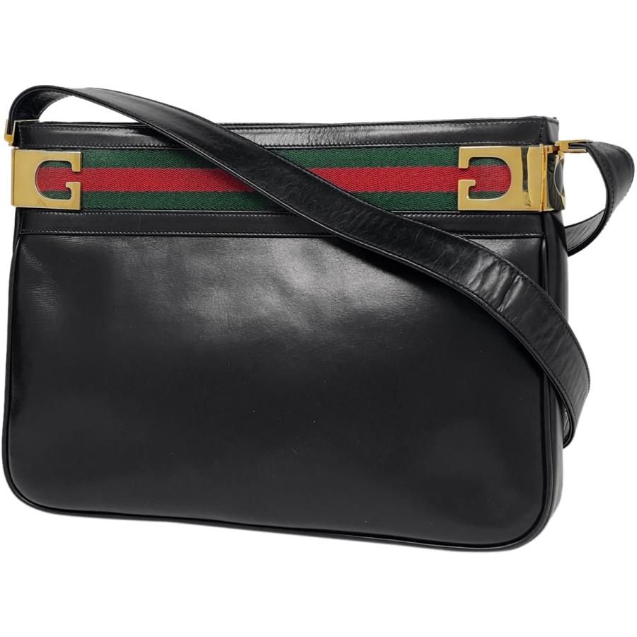 GUCCI Authentic Vintage Leather Shoulder Bag Sherry Line Web Shoulder Bag Leather Black