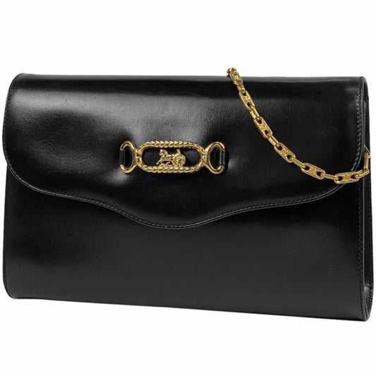 CELINE Authentic Vintage Horse Carriage Fitting Chain Shoulder Bag Clutch Handbag Shoulder Bag Leather Black