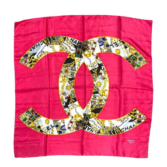 CHANEL Authentic Vintage Large Scarf Coco Mark Chain Accessories Decor Pattern Silk Pink