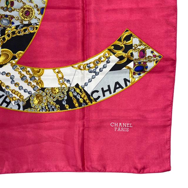 CHANEL Authentic Vintage Large Scarf Coco Mark Chain Accessories Decor Pattern Silk Pink