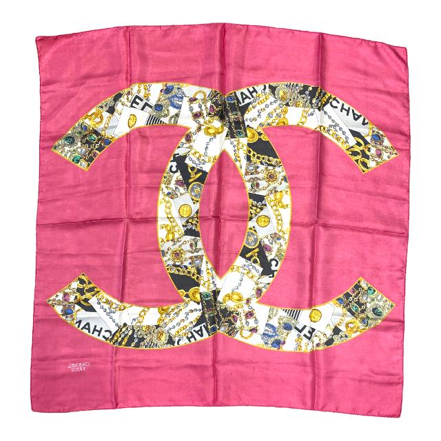 CHANEL Authentic Vintage Large Scarf Coco Mark Chain Accessories Decor Pattern Silk Pink