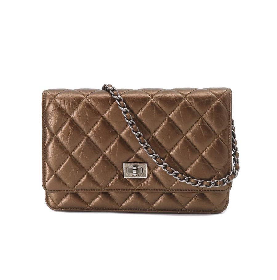 CHANEL Authentisches Vintage 2,55 Kettenportemonnaie Langes Portemonnaie Leder Bronze Silber Hardware