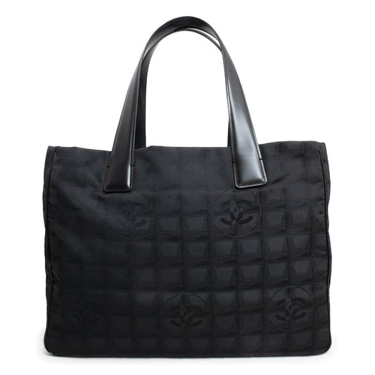 CHANEL Authentische Vintage New Travel Line MM Tote Handtasche Coco Mark Nylon Jacquard Kalbsleder Schwarz