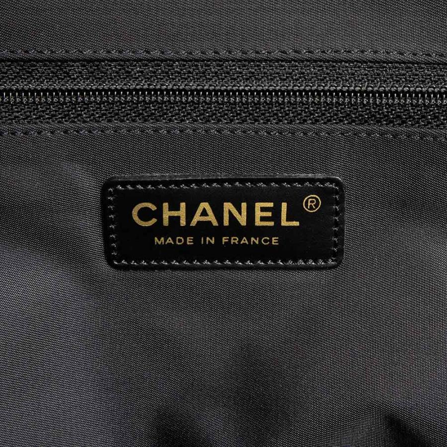 CHANEL Authentic Vintage New Travel Line MM Tote Handbag Coco Mark Nylon Jacquard Calfskin Leather Black