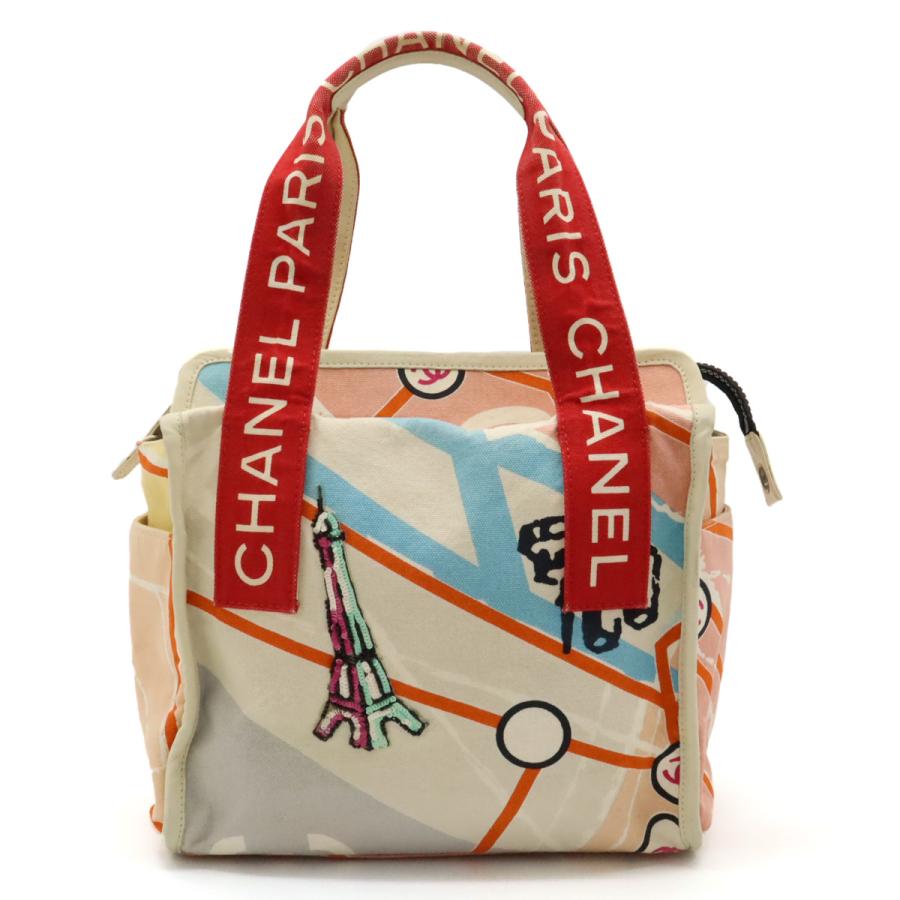 CHANEL Authentic Vintage Cruise Line Paris Map Eiffel Tower Handbag Tote Bag Canvas Sequins Orange