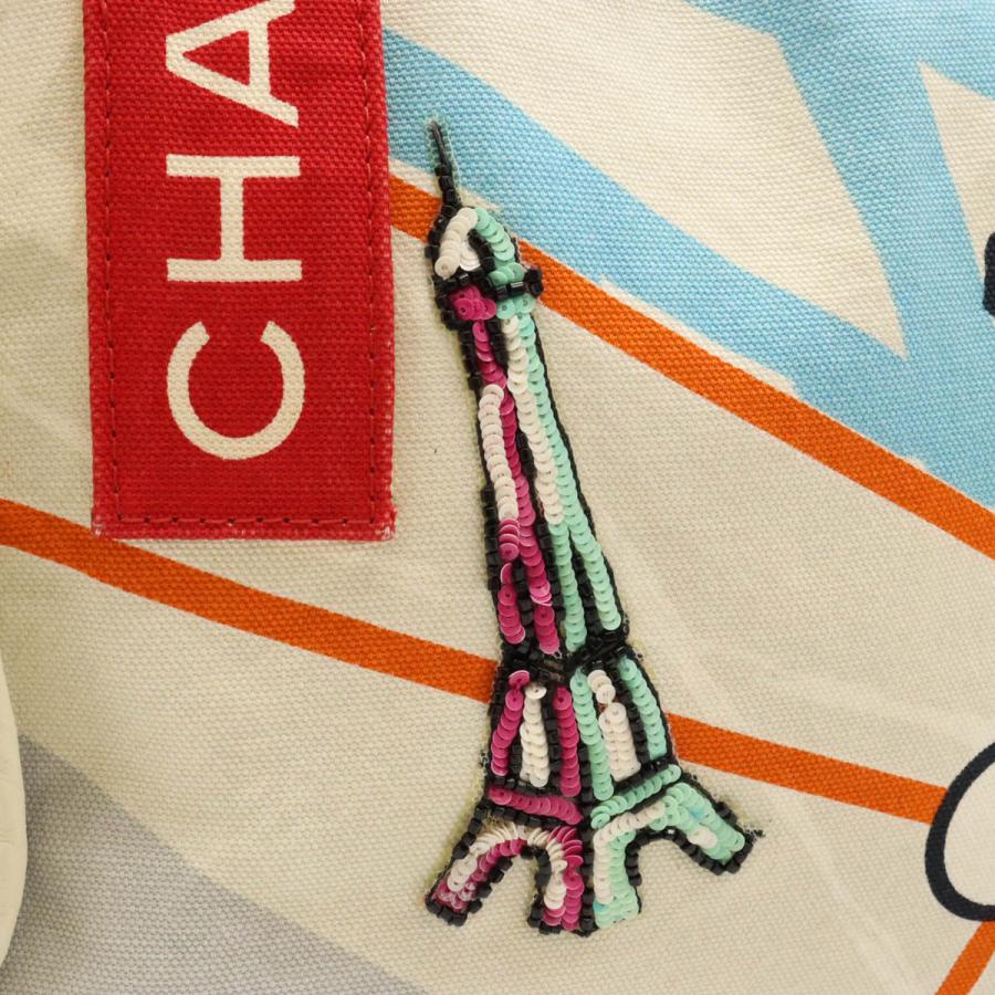 CHANEL Authentic Vintage Cruise Line Paris Map Eiffel Tower Handbag Tote Bag Canvas Sequins Orange