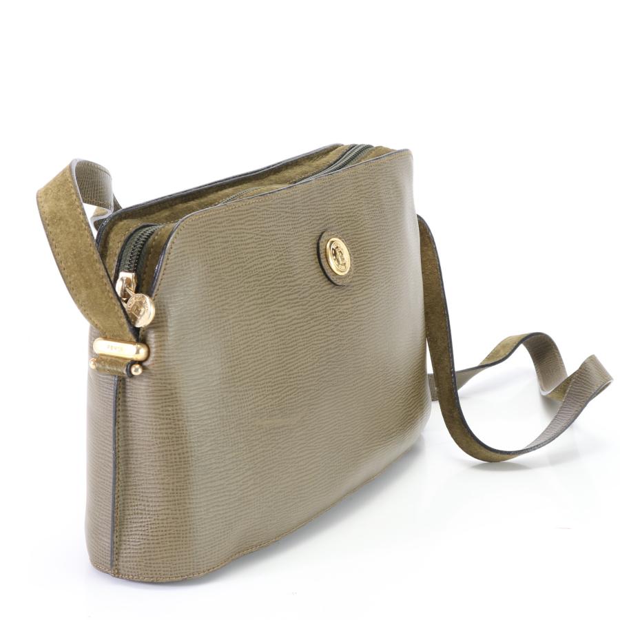 FENDI Authentic Vintage Khaki Leather Shoulder Bag Crossbody Hand Tote Genuine Leather