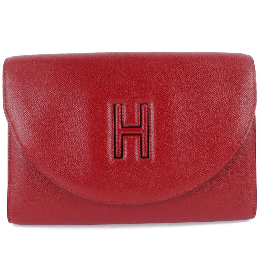 HERMES Authentic Vintage H Logo Clutch Bag Vaux Epson Rouge Red Ladies