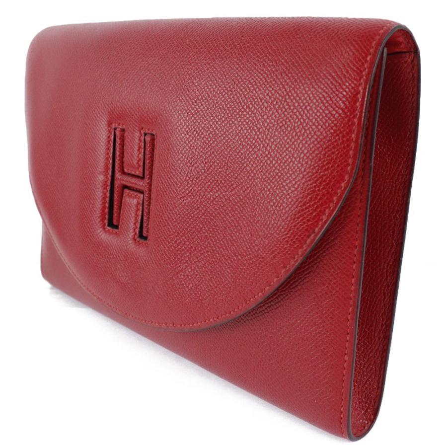 HERMES Authentic Vintage H Logo Clutch Bag Vaux Epson Rouge Red Ladies