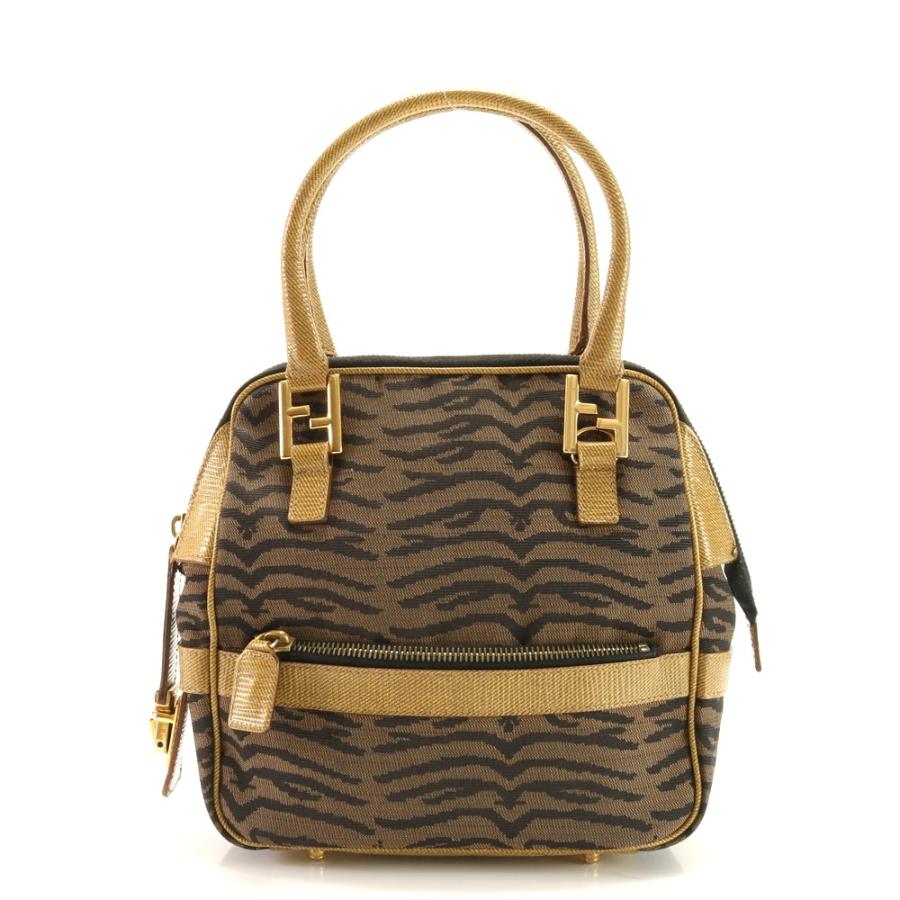 FENDI Authentische Vintage Zebra FF Hardware Leder Canvas Handtasche Tote Top Griff Damen