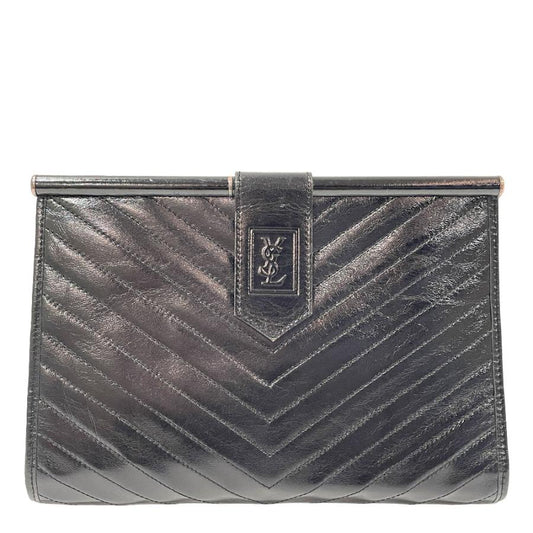 YVES SAINT LAURENT Authentic Vintage Clutch Bag V-Stitch YSL Logo Black