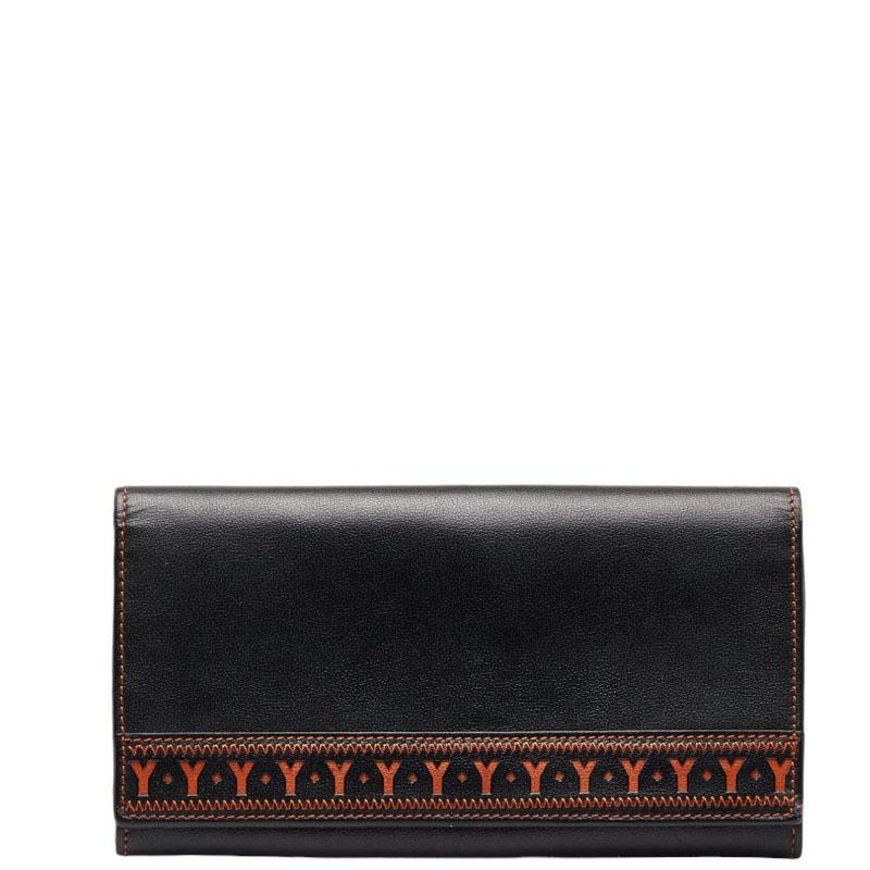 SAINT LAURENT Authentic Vintage Y Logo Stitch Clasp Gold Hardware Long Wallet Black Orange Leather