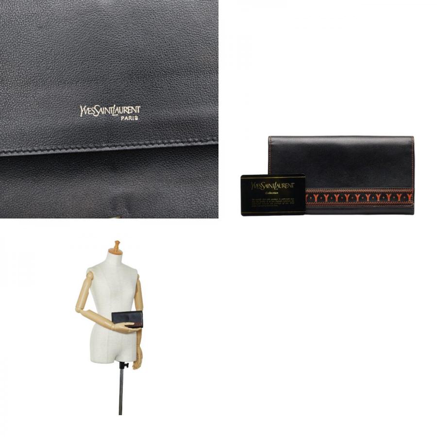 SAINT LAURENT Authentic Vintage Y Logo Stitch Clasp Gold Hardware Long Wallet Black Orange Leather