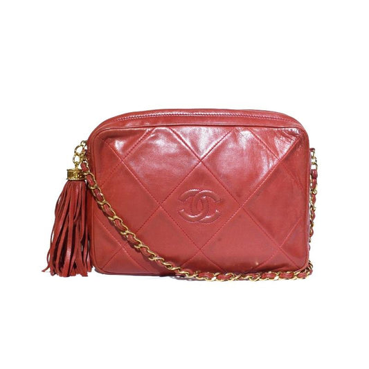 CHANEL Authentische Vintage 80er 0 Serie Lammleder Fransen Kette Schultertasche Matelass? Pochette Rot