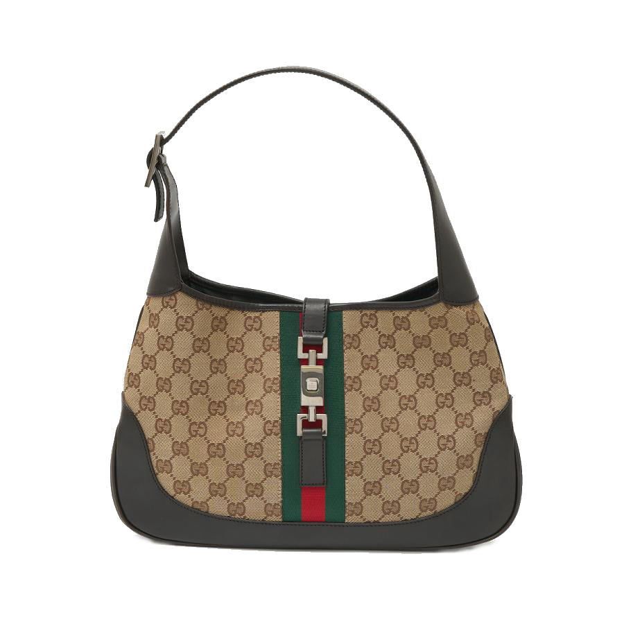 GUCCI Authentische Vintage Jackie Umhängetasche 00963 Schulterhandtasche GG Canvas x Leder Beige x Webstreifen