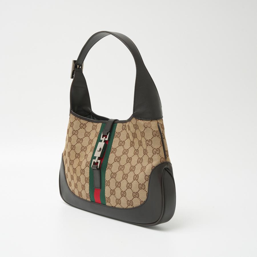 GUCCI Authentische Vintage Jackie Umhängetasche 00963 Schulterhandtasche GG Canvas x Leder Beige x Webstreifen