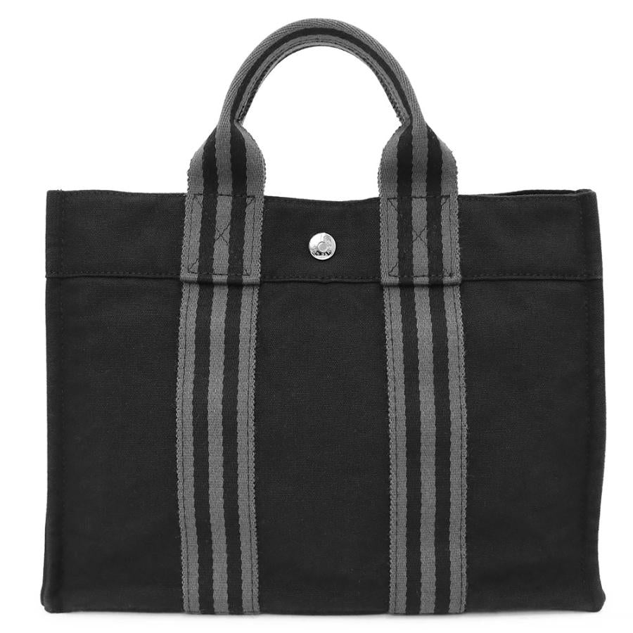 HERMES Authentic Vintage Fourre Tout Tote PM Handbag Cotton Canvas Black Grey Silver Hardware