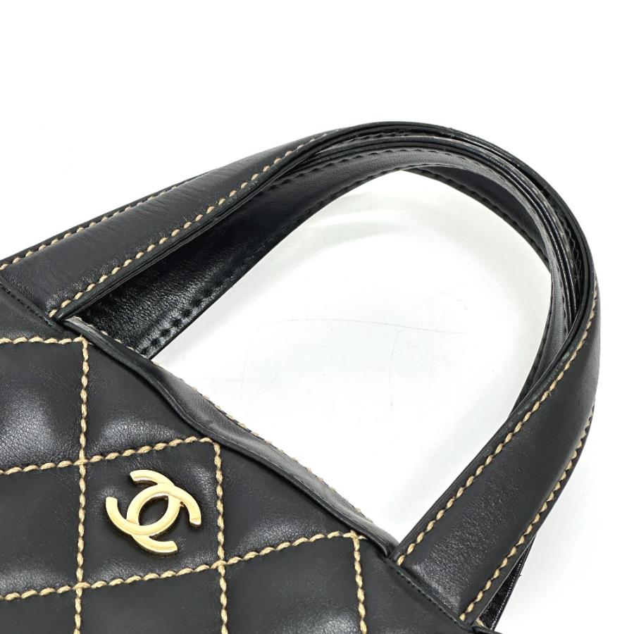 CHANEL Authentic Vintage CC Coco Mark Wild Stitch Handbag Calfskin Black