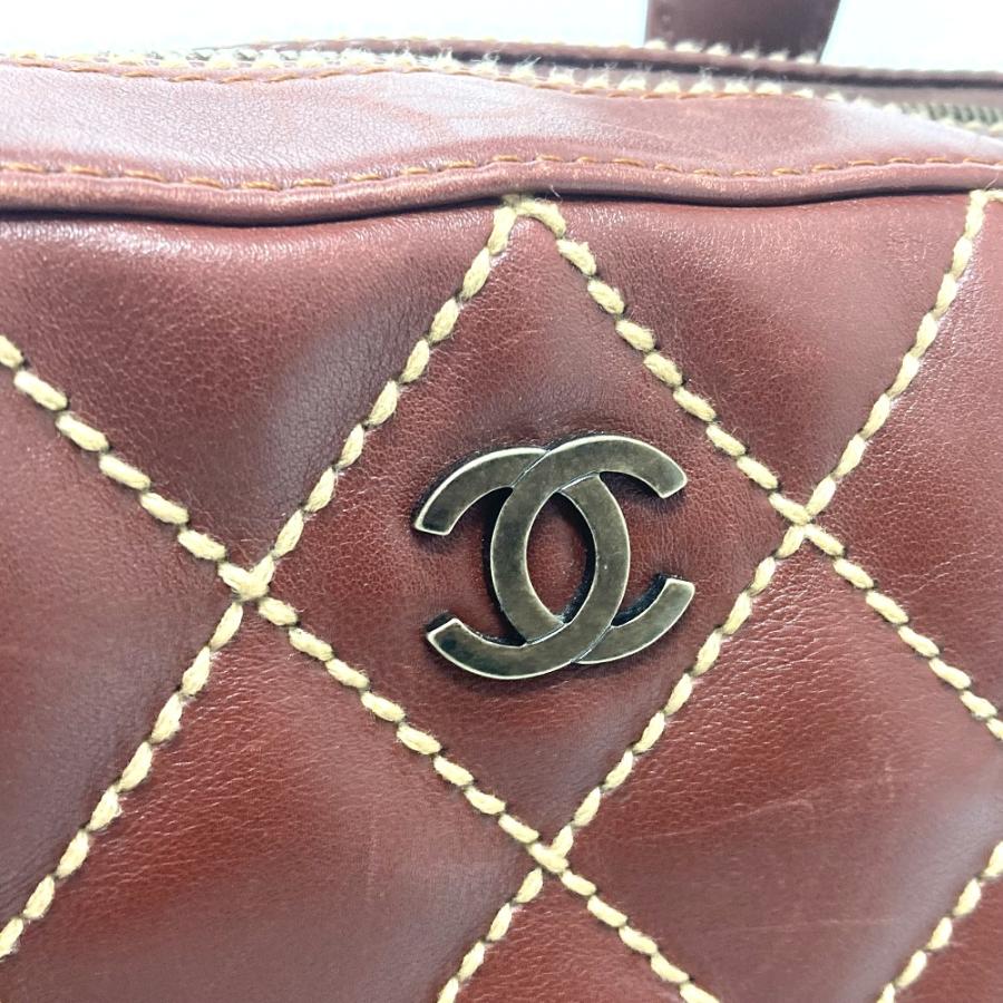 CHANEL Authentic Vintage CC Coco Mark Wild Stitch Handbag Leather Brown