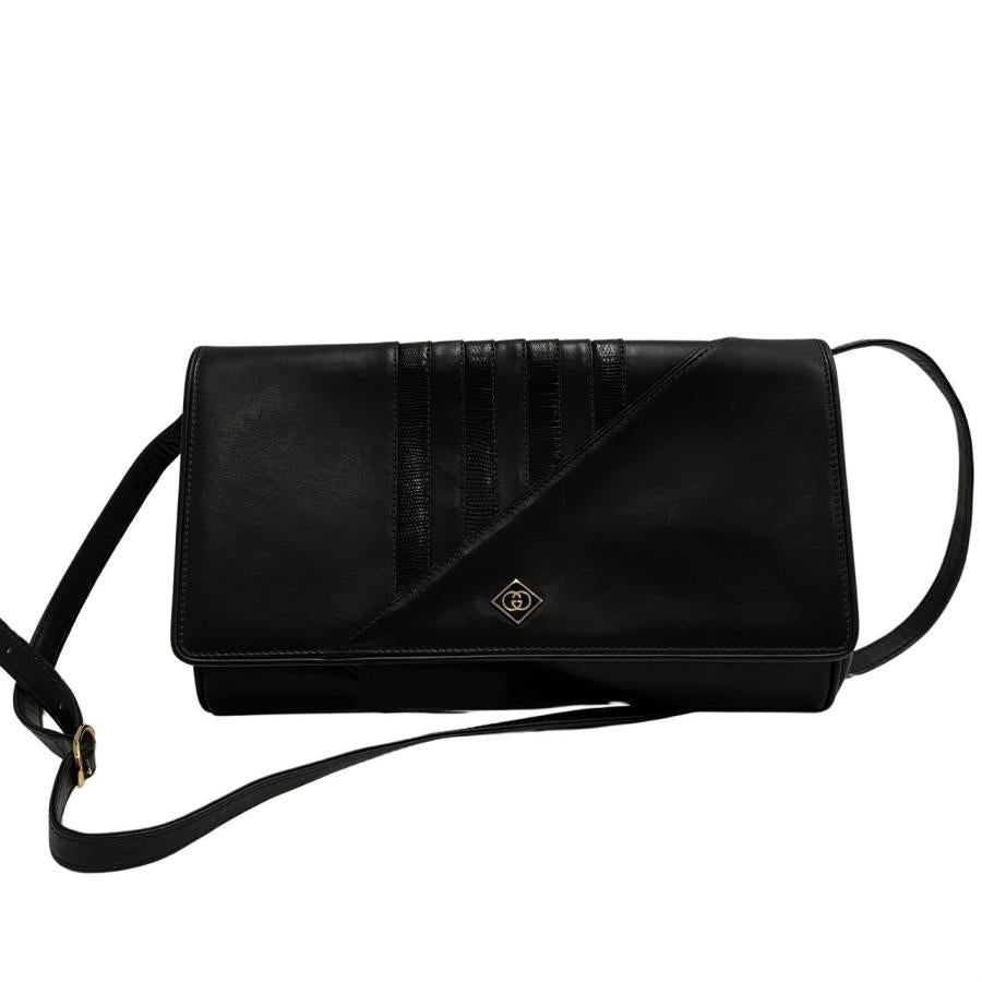 GUCCI Authentic Vintage GG Logo Metal Leather Genuine Leather 2-Way Mini Shoulder Bag Clutch Bag Black