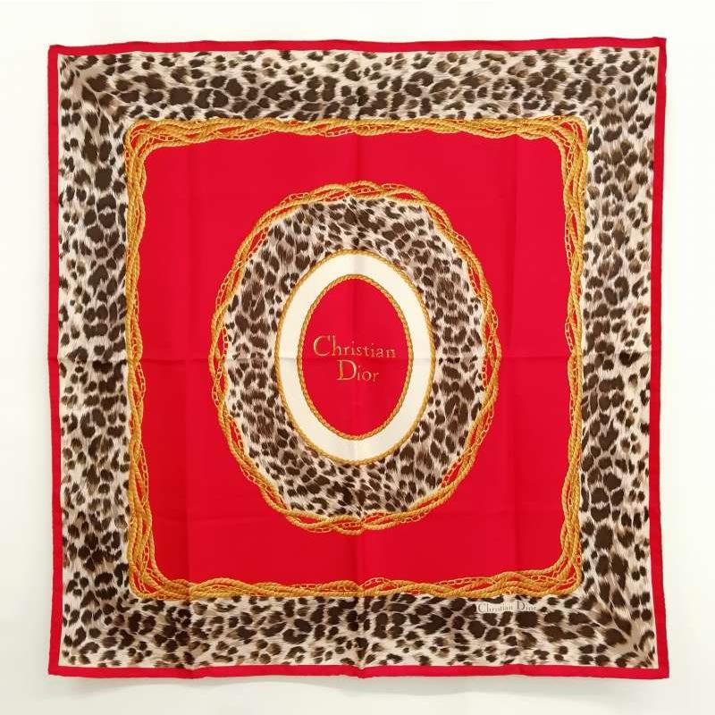 Christian Dior Authentic Vintage Leopard SD Logo Silk Large Scarf Red