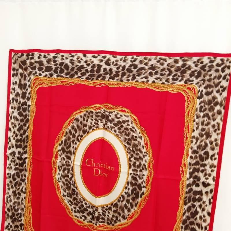 Christian Dior Authentic Vintage Leopard SD Logo Silk Large Scarf Red