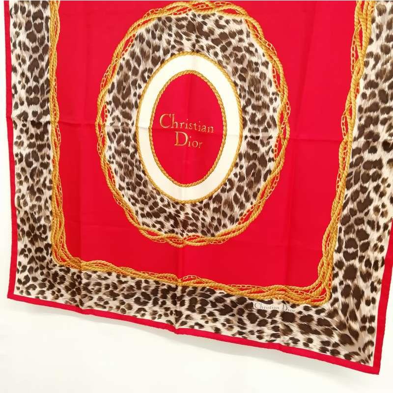 Christian Dior Authentic Vintage Leopard SD Logo Silk Large Scarf Red