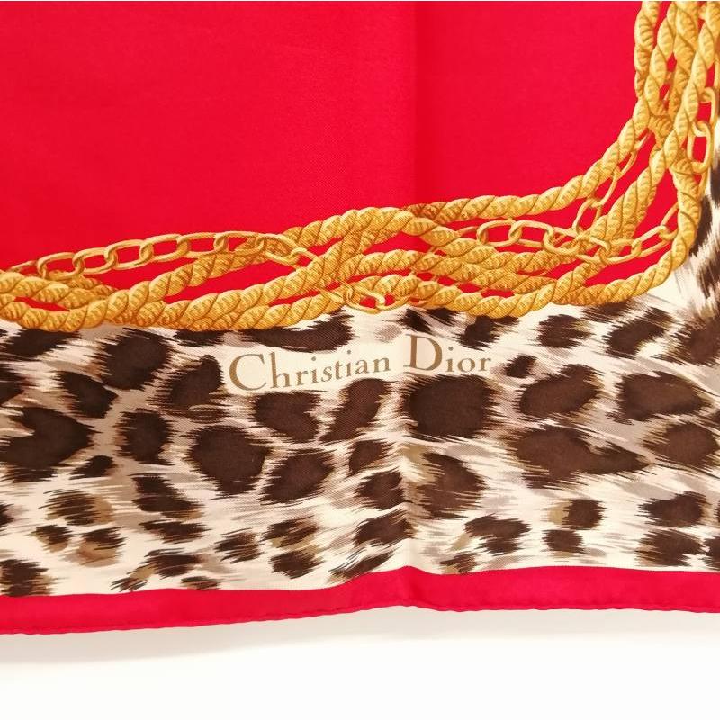 Christian Dior Authentic Vintage Leopard SD Logo Silk Large Scarf Red