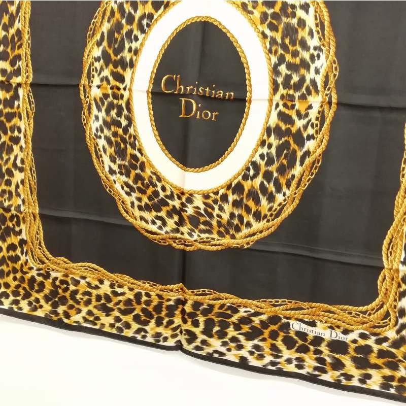 Christian Dior Authentic Vintage Leopard SD Logo Silk Large Scarf Black