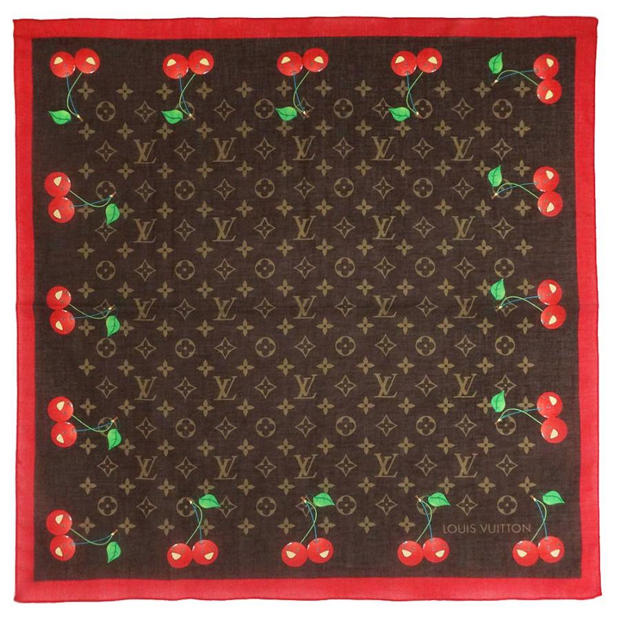 LOUIS VUITTON Authentic Vintage Murakami Cherry Monogram Cherry Bandana Scarf 100% Cotton Brown Red With Box