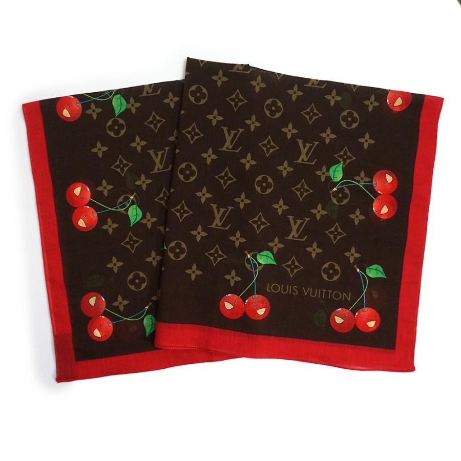 LOUIS VUITTON Authentic Vintage Murakami Cherry Monogram Cherry Bandana Scarf 100% Cotton Brown Red With Box