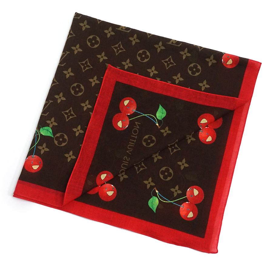 LOUIS VUITTON Authentic Vintage Murakami Cherry Monogram Cherry Bandana Scarf 100% Cotton Brown Red With Box