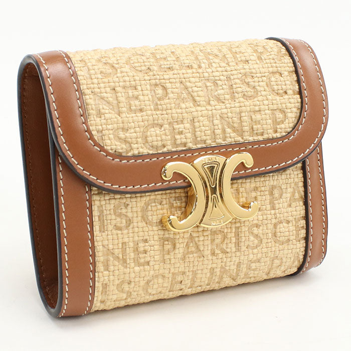 CELINE Small flap wallet Triomphe 10D78 Tri-fold wallet Raffia/leather Women's