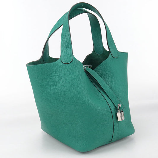 HERMES Pico Tan Lock MM Handbag / Taurillon Clemence Veil Jade Women