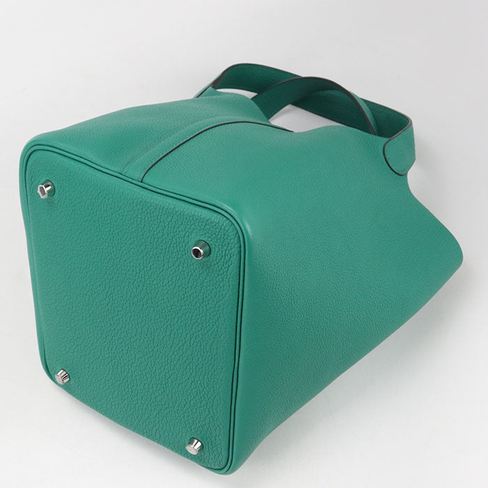 HERMES Pico Tan Lock MM Handbag / Taurillon Clemence Veil Jade Women