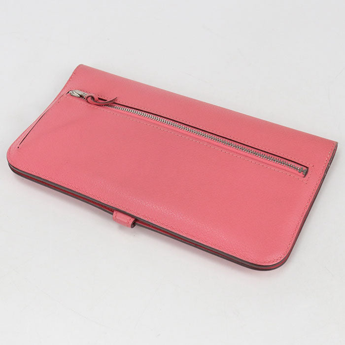 HERMES Dogon Long Long wallet with double fold coin purse Evercolor Rose azare Women's