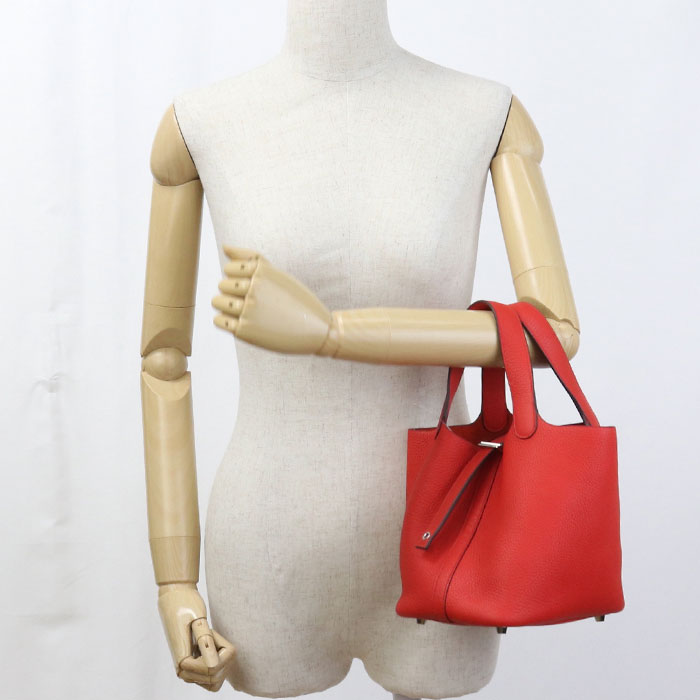 HERMES Picotan Lock PM Handbag Taurillon Clemence Rouge Kazak Women's